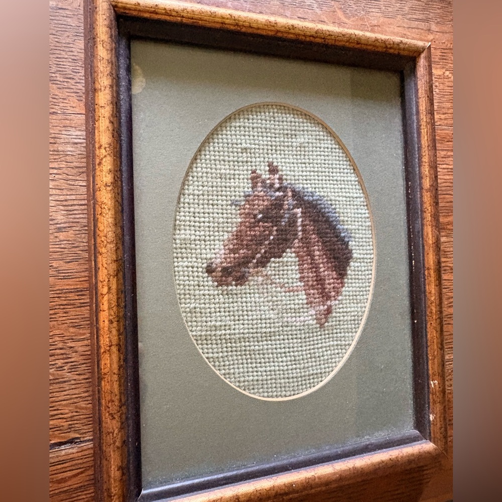 Vintage, Framed Handcrafted Horse Cross Stitch Art - Brown and Black